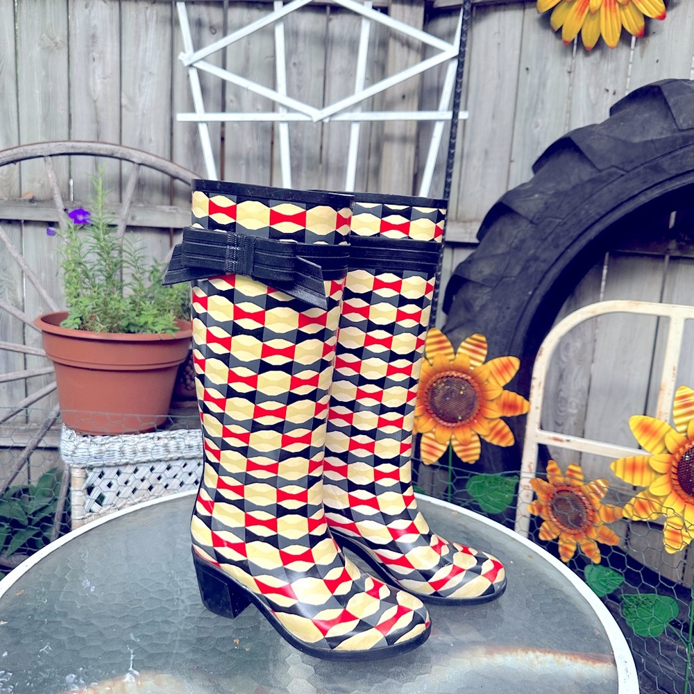 Kate Spade Knee High Randi Too Bow Printed Heeled Rain Boots Retro/Vintage Sz 7